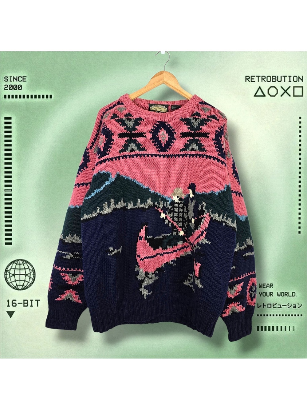 Vintage 90s Canoe Wool Knit Sweater Blue Pink Size XL